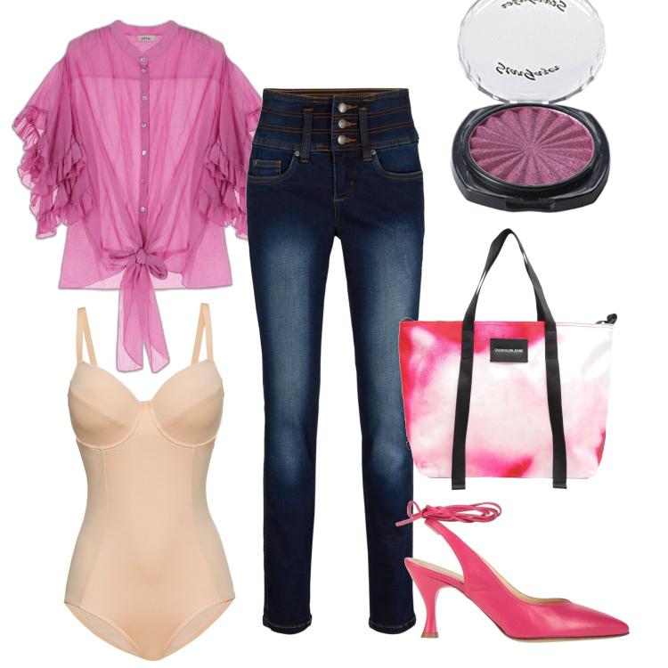 Outfit donna - Kiss kiss. Stile Casual chic per Tutti i giorni. Abbinamento con jeans slim fit, body, décolleté, borse a mano, camicie, ombretti.