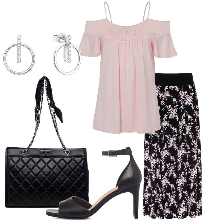Outfit donna - La tua serata romantica. Stile Romantica per Serata fuori. Abbinamento con gonne lunghe, maglieria, borse a spalla, sandali in pelle, orecchini.