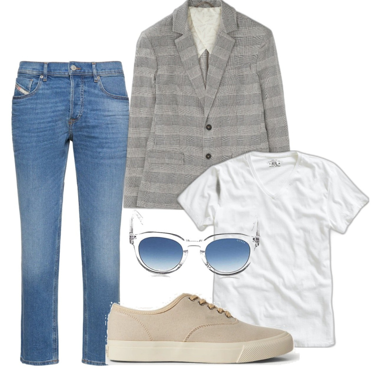 Outfit uomo - Prontissimo. Stile Trendy per Tutti i giorni. Abbinamento con giacche, sneakers, t-shirt, occhiali da sole, jeans.