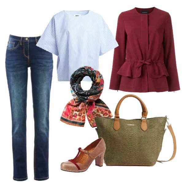 Outfit donna - Total look #167051. per Tutti i giorni. Abbinamento con jeans dritti, giacca rosso, scarpe col tacco con cinturino rosa, sciarpa arancione, blusa forma svasata con spacco a righe in cotone bianco, borsa a mano melange verde e kaki.