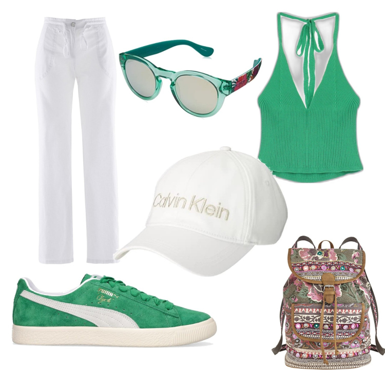 Outfit donna - Escursione d\'estate. Stile Sporty chic per Tutti i giorni. Abbinamento con pantaloni a palazzo, zaini, top, sneakers, occhiali da sole, cappelli.