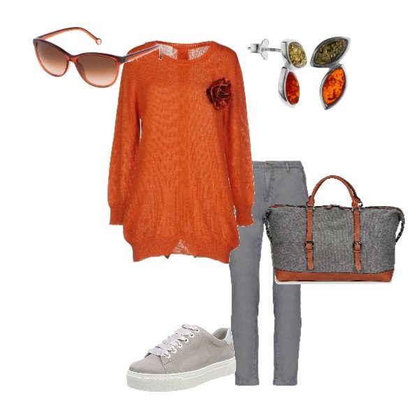 Outfit donna - Orange love. Stile Basic per Tutti i giorni. Abbinamento con pullover con spilla lavorato a maglia collo tondo a maniche lunghe senza tasche tinta unita, pantalone bianco, borsa grigio, occhiali da sole, sneakers grigio, orecchini in sterling 925 argento.