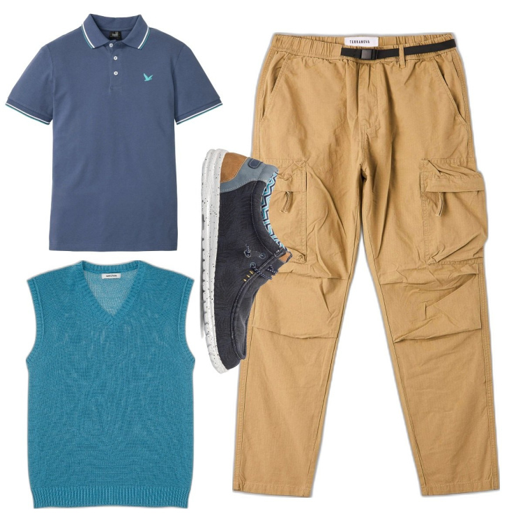 Outfit uomo - Polo e cargo. Stile Urban per Tutti i giorni. Abbinamento con polo, pantaloni cargo, gilet, scarpe stringate.