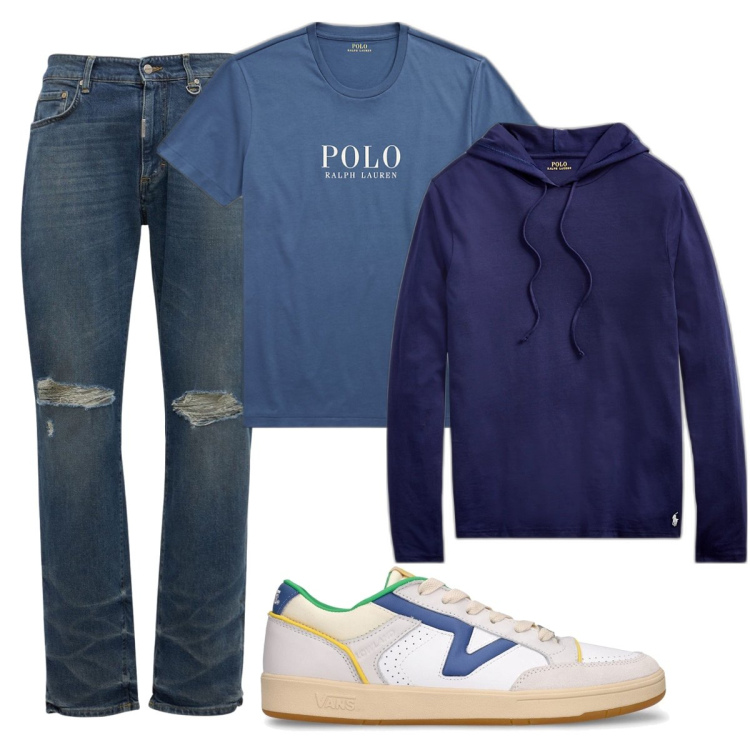 Outfit uomo - Blu e blu. Stile Urban per Tutti i giorni. Abbinamento con t-shirt, felpe con cappuccio, jeans, sneakers.