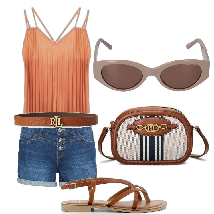 Outfit donna - Pranzetto sulla spiaggia. Stile Casual chic per Mare. Abbinamento con shorts, top, sandali in pelle, cinture, borse a tracolla, occhiali da sole.