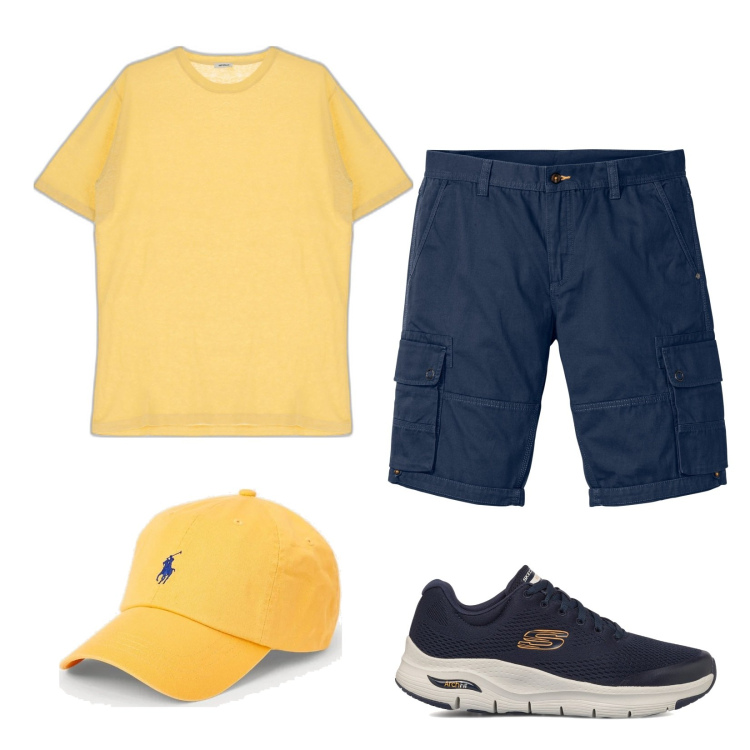 Outfit uomo - Semplicissimo in giallo e blu. Stile Casual per Tutti i giorni. Abbinamento con bermuda, t-shirt, cappelli con visiera, sneakers.