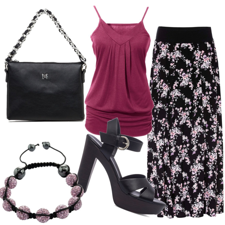 Outfit donna - Ti va un aperitivo?. Stile Trendy per Tutti i giorni. Abbinamento con gonne lunghe, top, borse a tracolla, sandali in pelle, braccialetti.