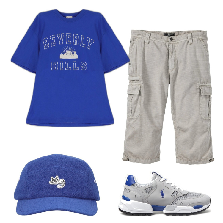 Outfit uomo - Sportivo in grigio e blu. Stile Casual per Tutti i giorni. Abbinamento con bermuda, t-shirt, sneakers, cappelli.