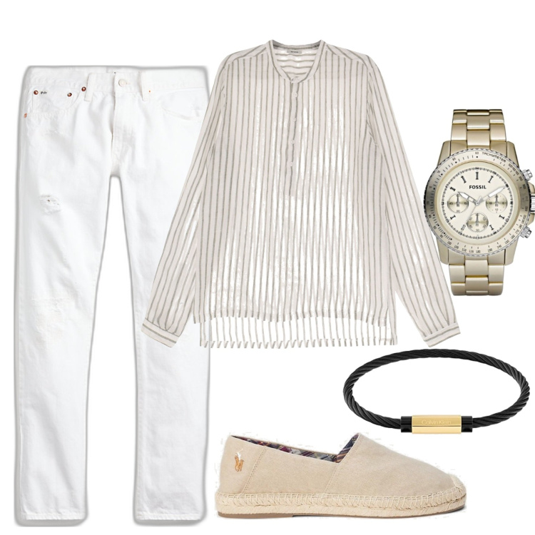 Outfit uomo - Serata. Stile Trendy per Serata speciale. Abbinamento con camicie, jeans, espadrillas, orologi, braccialetti.