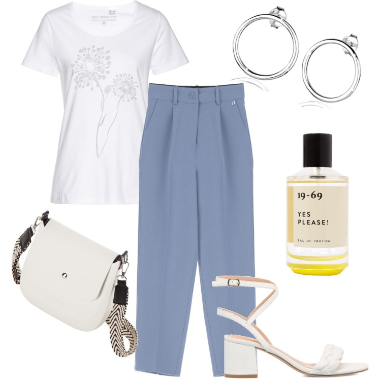 Outfit donna - Il pantalone classico. Stile Bon Ton per Ufficio. Abbinamento con t-shirt, pantaloni capri, sandali in pelle, orecchini, borse a spalla, profumi.