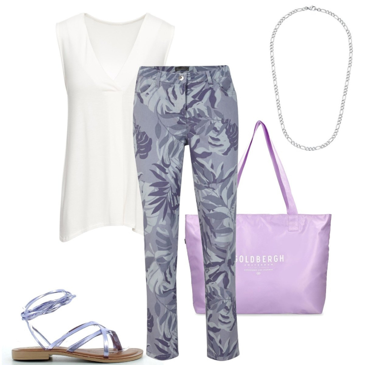 Outfit donna - Il mercato della domenica. Stile Basic per Tutti i giorni. Abbinamento con top, pantaloni capri, sandali alla schiava, shopping bag, collane.
