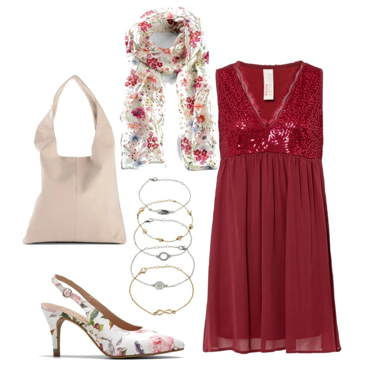 Outfit donna - Total look #1670902. Stile Romantica per Serata fuori. Abbinamento con foulard, braccialetti con ciondoli, vestiti, décolleté, shopping bag.