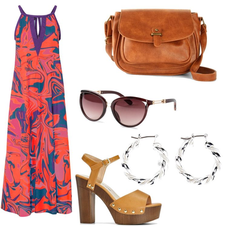 Outfit donna - Bonprix sales. Stile Trendy per Tutti i giorni. Abbinamento con borse a tracolla, occhiali da sole, orecchini, vestiti lunghi, sandali col tacco.