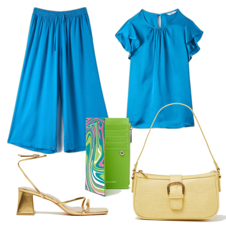 Outfit donna - Colorful Summer. Stile Basic per Serata fuori. Abbinamento con camicie a manica corta, pantaloni a palazzo, portafogli, sandali in pelle, borse a spalla.