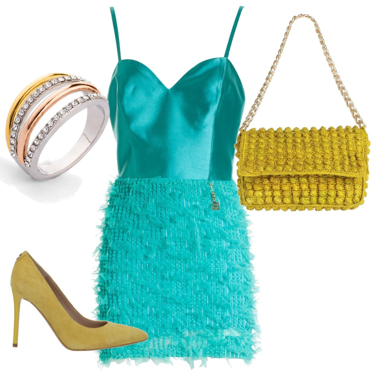 Outfit donna - Hot summer. Stile Sexy per Serata fuori. Abbinamento con anelli, décolleté, borse a mano, vestiti senza maniche.