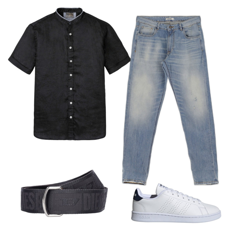 Outfit uomo - Jeans e camicia nera. Stile Casual per Serata speciale. Abbinamento con camicie a manica corta, jeans slim fit, sneakers alte, cinture.