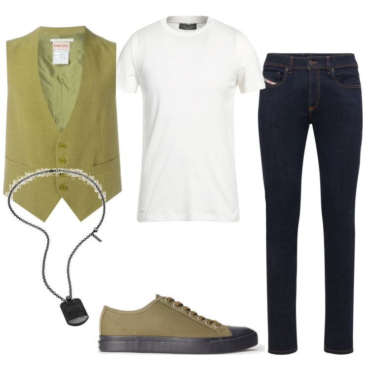 Outfit uomo - Stiloso. Stile Trendy per Serata speciale. Abbinamento con t-shirt, gilet, sneakers, jeans skinny, collane.
