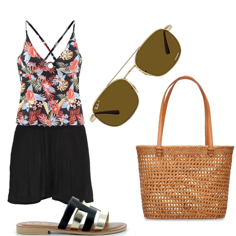 Outfit donna - In Crociera. Stile Boho per Mare. Abbinamento con shorts, sandali in pelle, occhiali da sole, costumi interi, shopping bag.