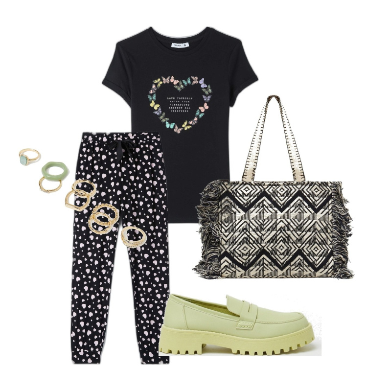 Outfit donna - Mix and match. Stile Casual per Tutti i giorni. Abbinamento con pigiama, t-shirt, anelli, mocassini, shopping bag.