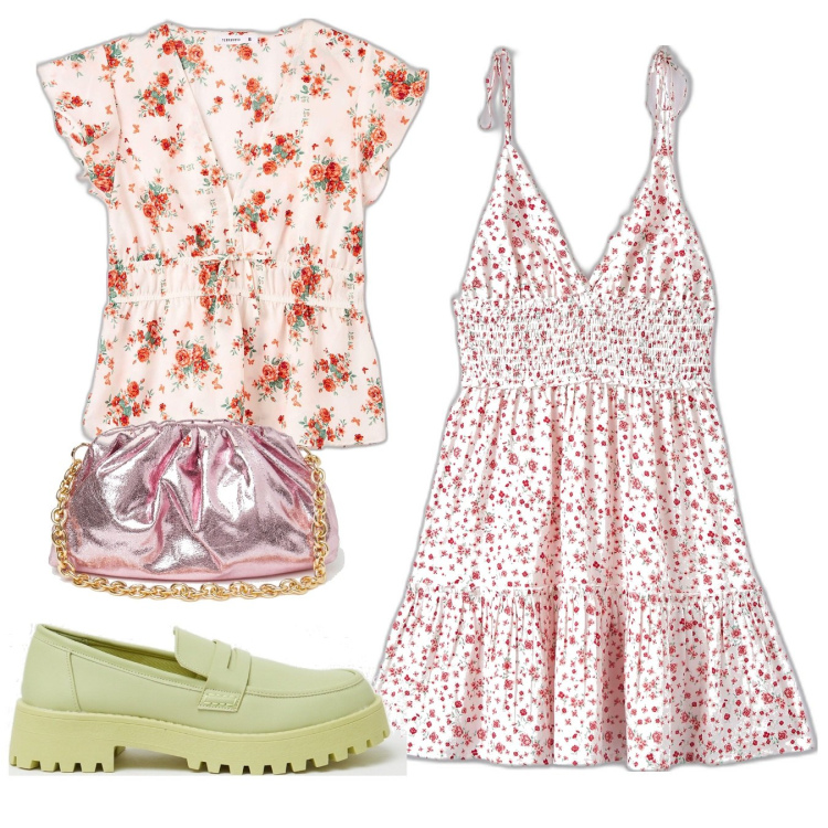 Outfit donna - Mix and match. Stile Romantica per Tutti i giorni. Abbinamento con bluse, vestiti corti, mocassini, borse a spalla.