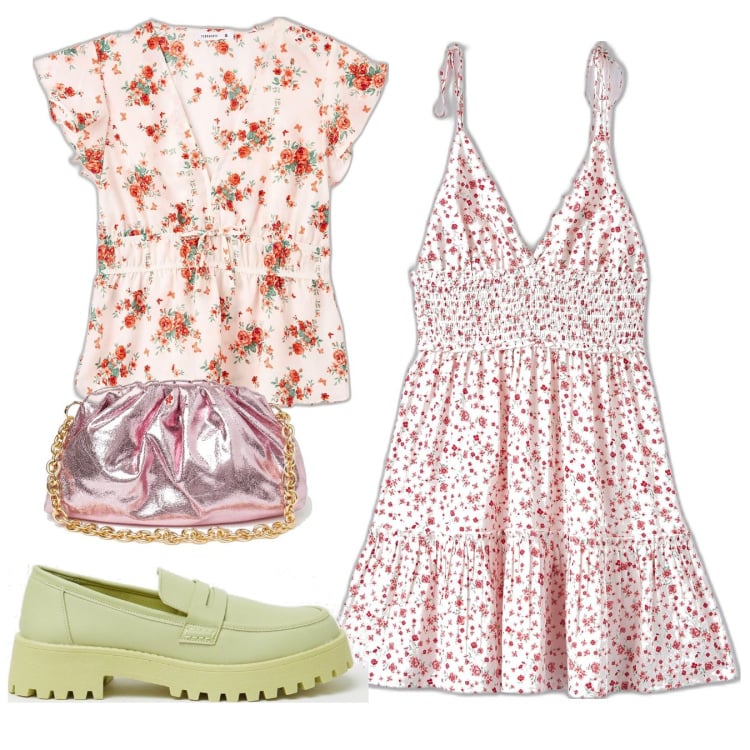 Outfit donna - Mix and match. Stile Romantica per Tutti i giorni. Abbinamento con bluse, vestiti corti, mocassini, borse a spalla.