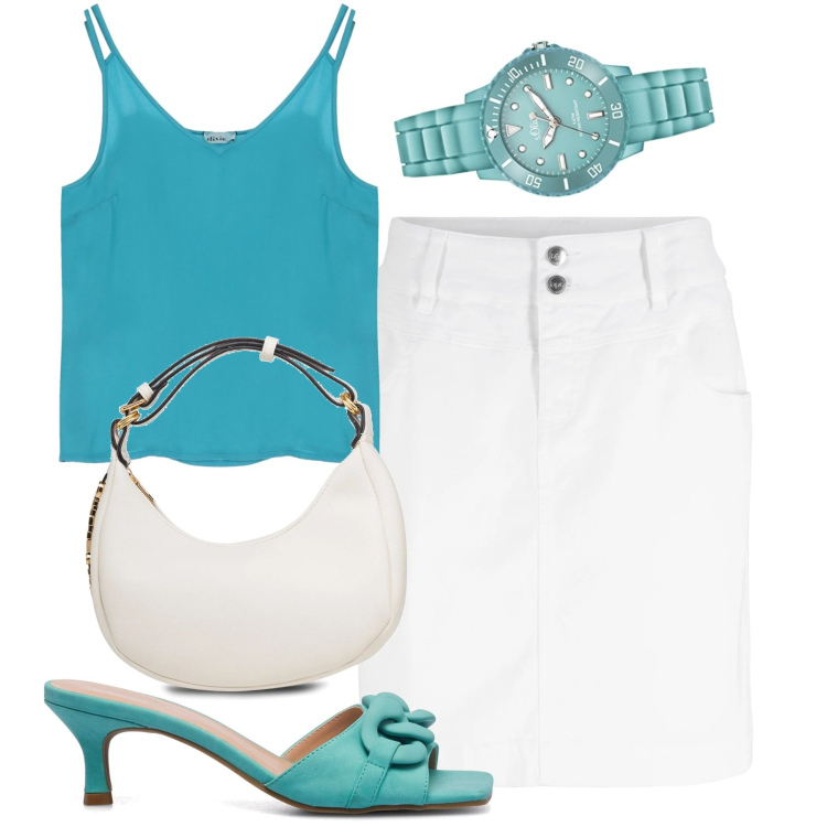 Outfit donna - Per tutto il giorno. Stile Basic per Tutti i giorni. Abbinamento con minigonne, canottiere, sandali in pelle, borse a mano, orologi.