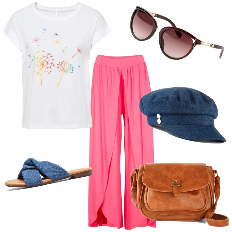 Outfit donna - Una rosa blu. Stile Casual per Tutti i giorni. Abbinamento con t-shirt, borse a tracolla, occhiali da sole, pantaloni, ciabatte, cappelli.
