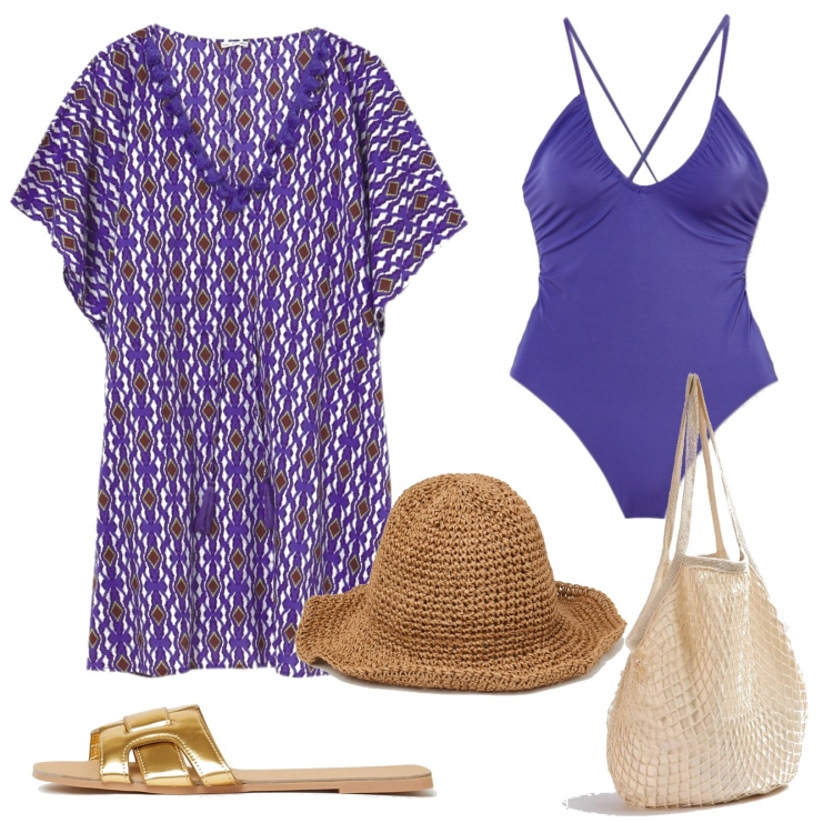 Outfit donna - Colorful terranova. Stile Etnico per Mare. Abbinamento con borse a spalla, vestiti da spiaggia, costumi interi, cappelli con visiera, ciabatte.