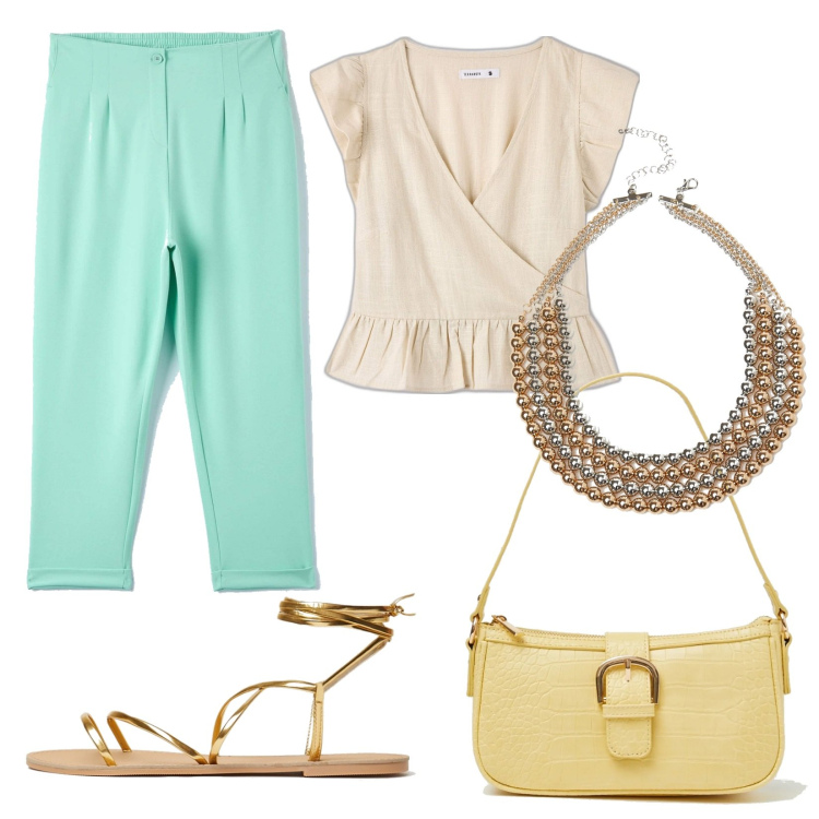 Outfit donna - Terranova colorful. Stile Bon Ton per Ufficio. Abbinamento con pantaloni chino, bluse, collane, borse a spalla, sandali alla schiava.