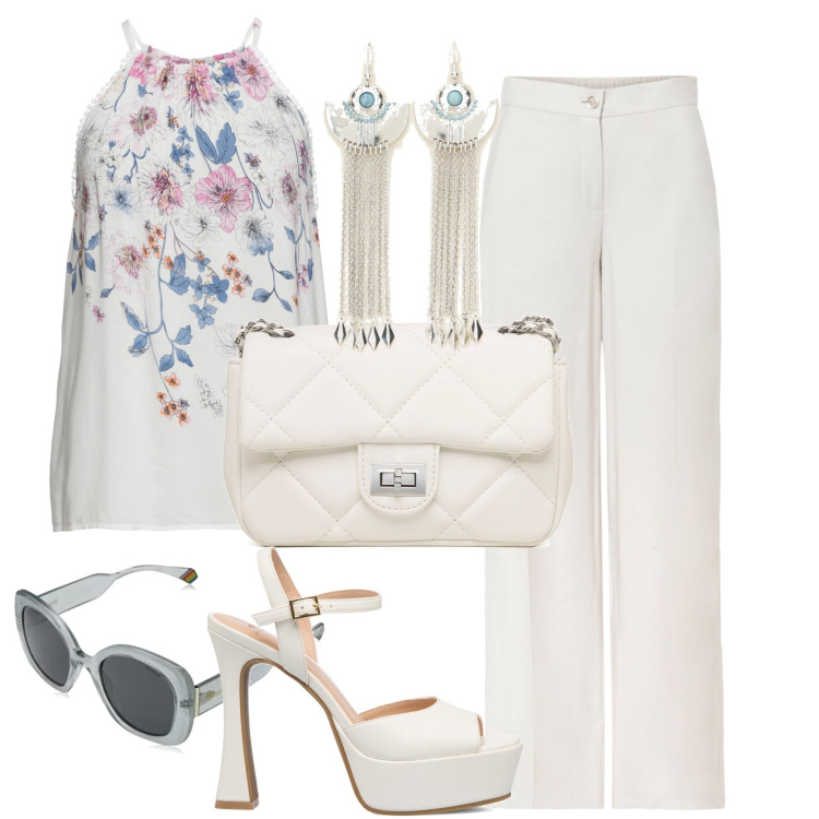 Outfit donna - In bianco da mattina a sera. Stile Casual chic per Tutti i giorni. Abbinamento con top, pantaloni a palazzo, orecchini, borse a tracolla, sandali in pelle, occhiali da sole.