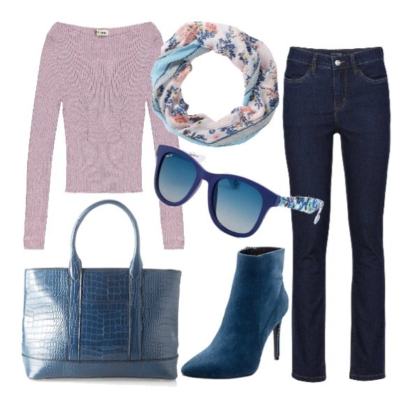 Outfit donna - Il tronchetto cobalto. Stile Trendy per Tutti i giorni. Abbinamento con jeans, stivaletti con tacco alto e zip, sciarpina, occhiali da sole, maglia effetto laminato a maniche lunghe, borsa tote in pelle navy.