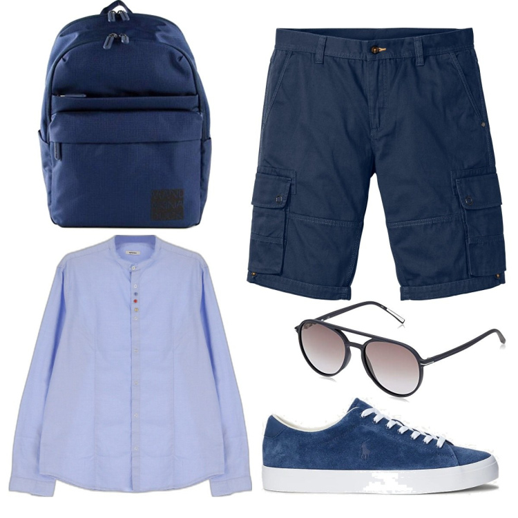 Outfit uomo - Zaino in spalla. Stile Trendy per Tutti i giorni. Abbinamento con bermuda, camicie, sneakers, occhiali da sole, borse sportive.