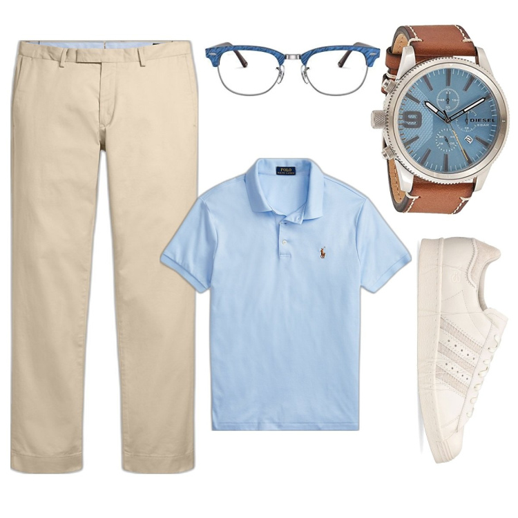 Outfit uomo - Il mio capo. Stile Casual per Ufficio. Abbinamento con polo, pantaloni chino, sneakers, occhiali da sole, orologi.