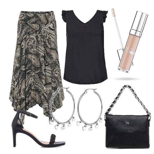 Outfit donna - Total look #1671452. Stile Trendy per Serata fuori. Abbinamento con gonne longuette, top, borse a tracolla, sandali in pelle, orecchini, gloss.