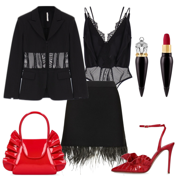 Outfit donna - Leader di me stessa. Stile Sexy per Serata fuori. Abbinamento con body, giacche, borse a mano, rossetti, décolleté, minigonne.