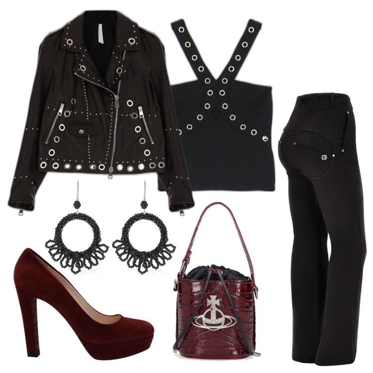 Outfit donna - Dark Ladies. Stile Rock per Serata fuori. Abbinamento con décolleté, giacche, canottiere, pantaloni, orecchini, borse a secchiello.