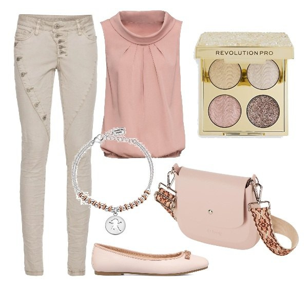 Outfit donna - Total look #1671472. Stile Casual chic per Serata fuori. Abbinamento con top, pantaloni, ballerine, borse a spalla, ombretti, braccialetti.