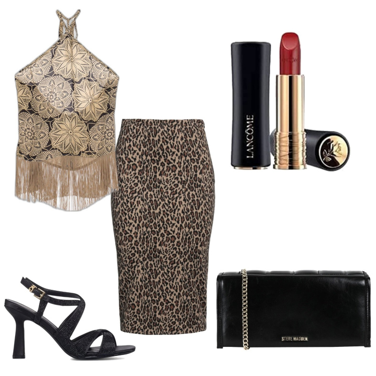 Outfit donna - Frange e animalier. Stile Glamour per Serata fuori. Abbinamento con gonne longuette, borse a mano, top, sandali gioiello, rossetti.