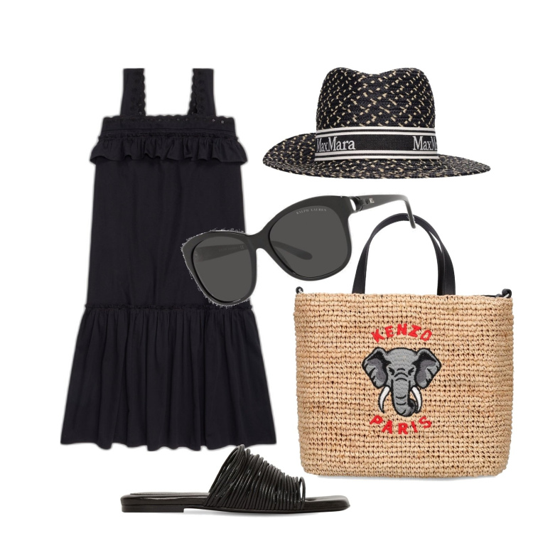 Outfit donna - Ghost outfitter - luglio. Stile Casual chic per Tutti i giorni. Abbinamento con occhiali da sole, vestiti senza maniche, shopping bag, sandali in pelle, cappelli.