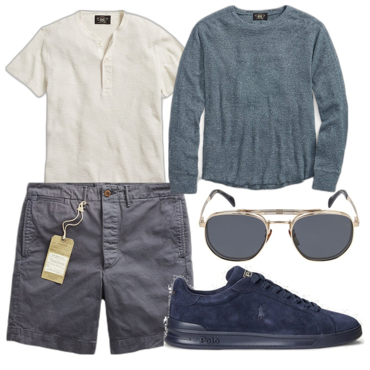 Outfit uomo - Al mare fino a sera. Stile Casual per Tutti i giorni. Abbinamento con t-shirt, sneakers, pantaloni chino, maglieria, occhiali da sole.