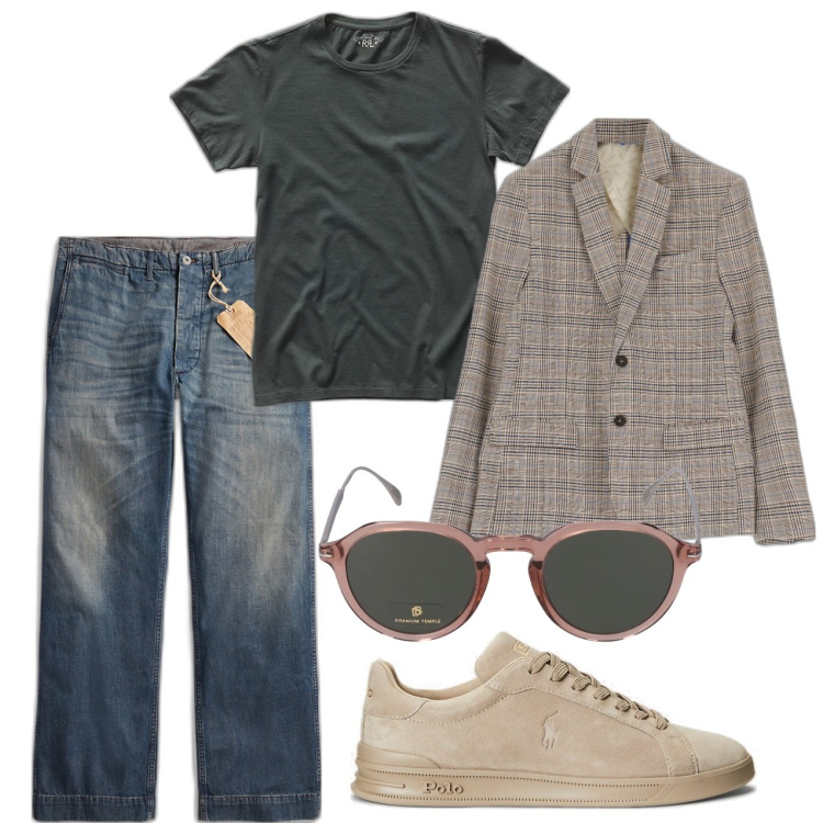 Outfit uomo - Un salto in città. Stile Trendy per Tutti i giorni. Abbinamento con giacche, t-shirt, sneakers, pantaloni chino, occhiali da sole.