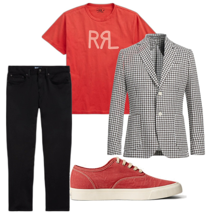 Outfit uomo - Vichy per la giacca. Stile Casual per Serata speciale. Abbinamento con giacche, sneakers, t-shirt, pantaloni chino.