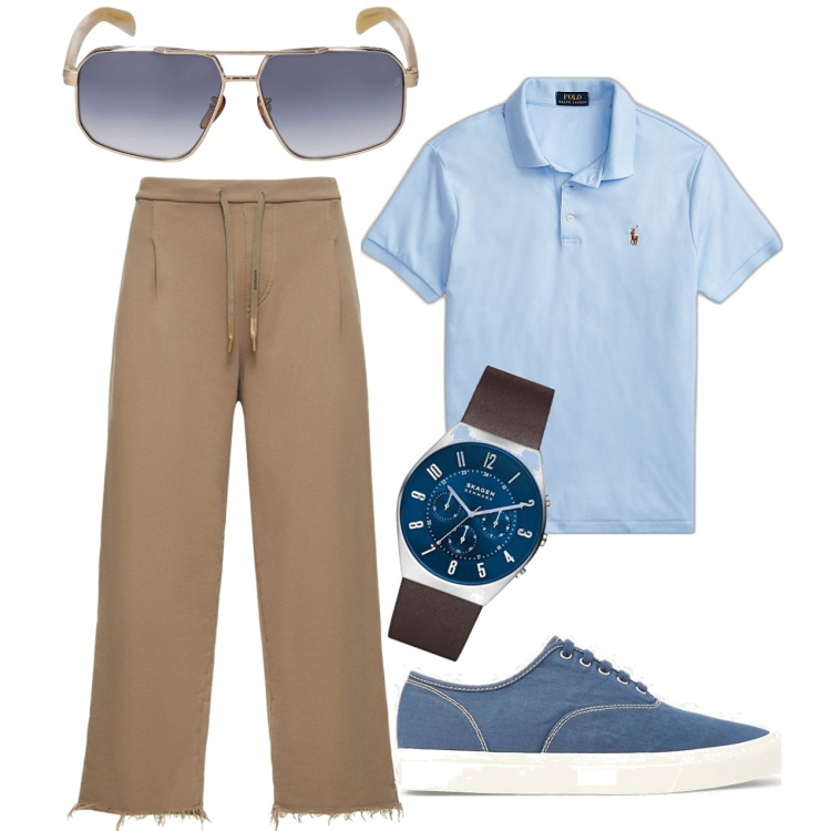 Outfit uomo - Dandy in sneakers. Stile Trendy per Tutti i giorni. Abbinamento con polo, sneakers, occhiali da sole, pantaloni, orologi.