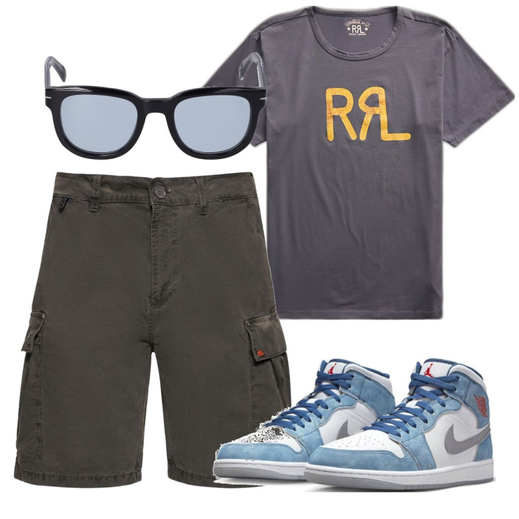 Outfit uomo - Pomeriggio d\'estate. Stile Casual per Tutti i giorni. Abbinamento con sneakers, t-shirt, occhiali da sole, shorts.