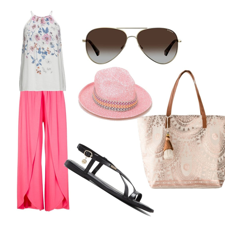 Outfit donna - Shopping in vacanza. Stile Boho per Mare. Abbinamento con top, sandali in pelle, pantaloni, shopping bag, cappelli, occhiali da sole.