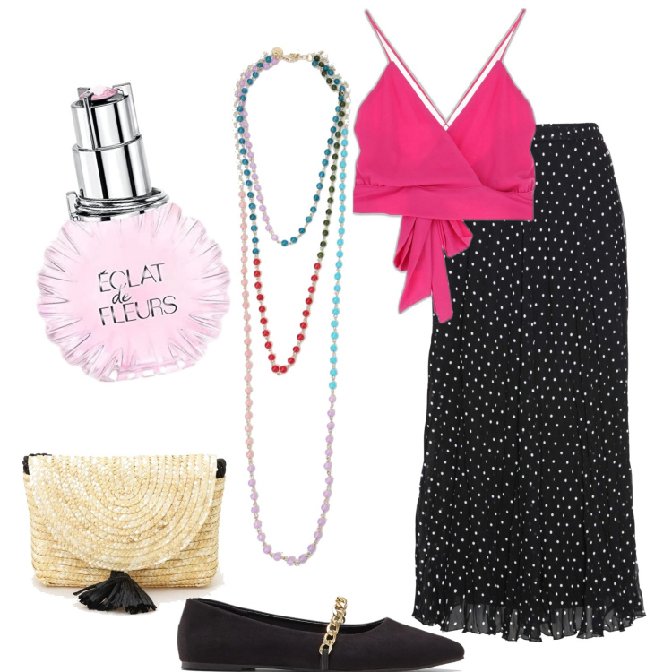 Outfit donna - Il primo bacio è pink. Stile Bon Ton per Tutti i giorni. Abbinamento con gonne, ballerine, top, pochette, collane, profumi.