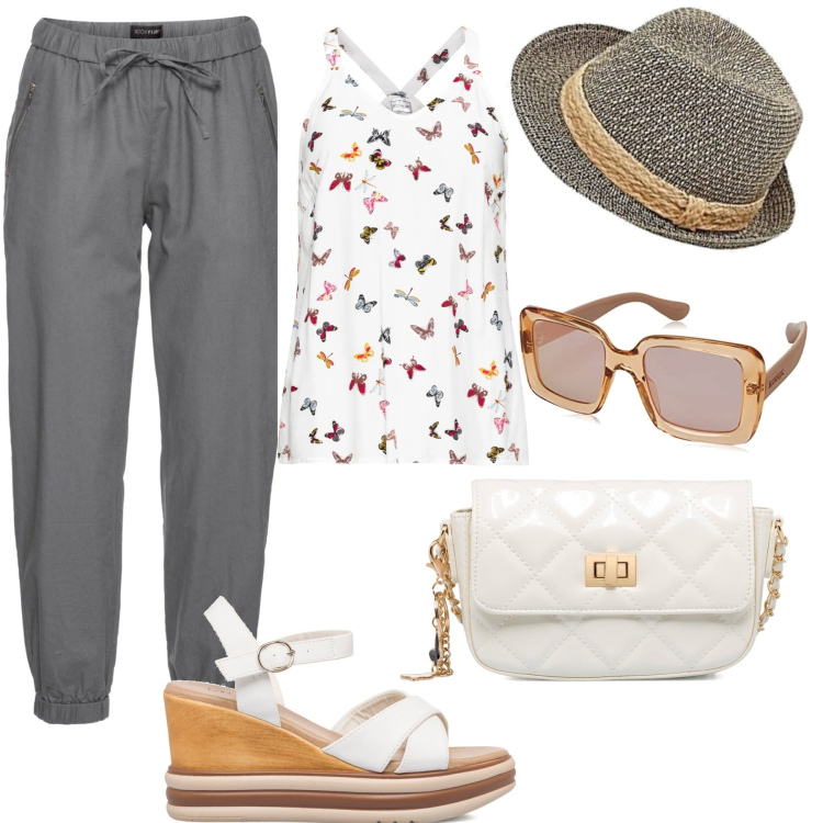Outfit donna - Aperitivo estivo. Stile Basic per Tutti i giorni. Abbinamento con pantaloni, top, sandali in pelle, borse a tracolla, berretti, occhiali da sole.