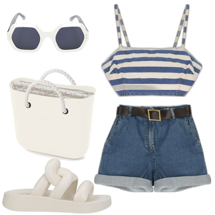 Outfit donna - Denim e top a righe. Stile Casual per Mare. Abbinamento con sandali in pelle, bermuda, top, borse a spalla, occhiali da sole.