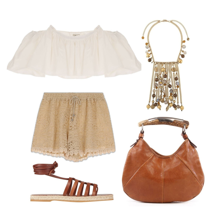 Outfit donna - Ghost outfitter - luglio. Stile Boho per Tutti i giorni. Abbinamento con shorts, top, espadrillas, borse a mano, collane.