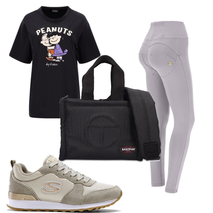 Outfit donna - Total look #1671890. Stile Basic per Sport. Abbinamento con sneakers, pantaloni skinny, t-shirt, shopping bag.
